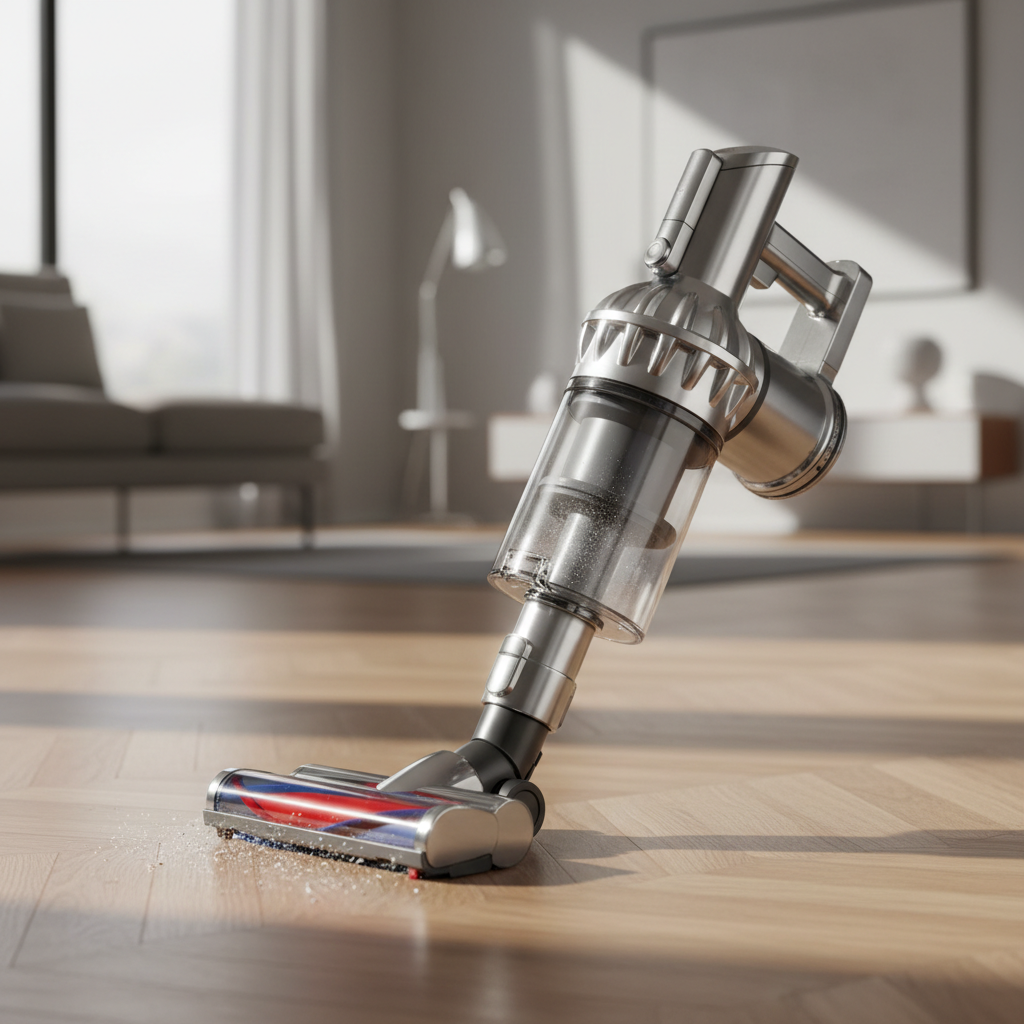 Bright modern cordless vacuum cleaner on white floor, clean home environment