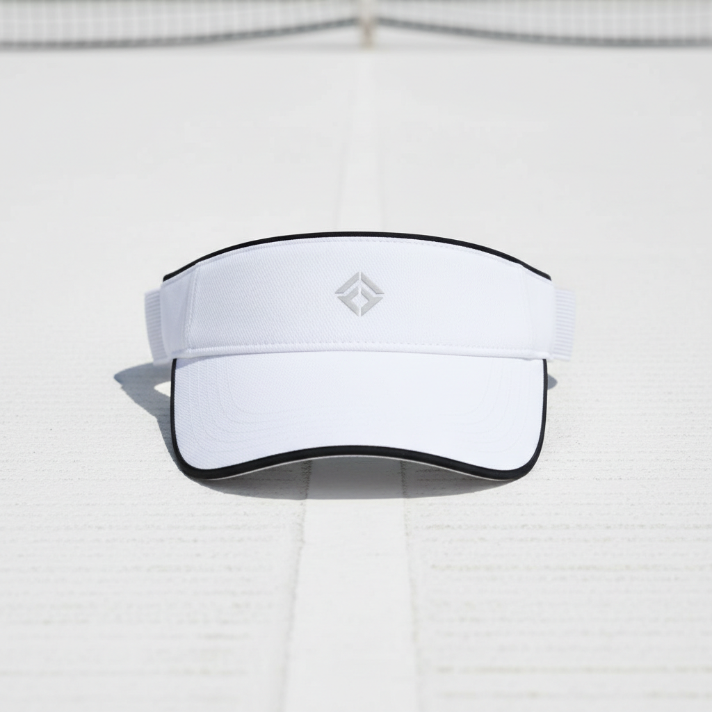 Sport visor on white clay tennis court, clean lines, minimal design