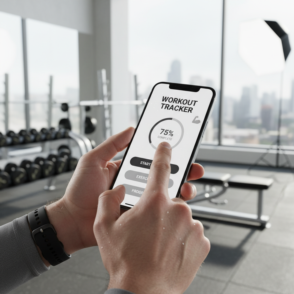 Fit person checking fitness app on phone in modern gym, bright airy space, white walls, natural light