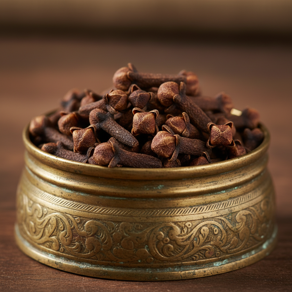 Dried clove spice buds with intense aroma, dark brown spice on wooden surface