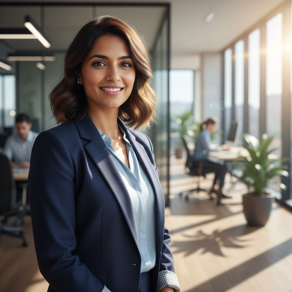 Professional Indian woman in navy blue blazer with confident smile in modern office