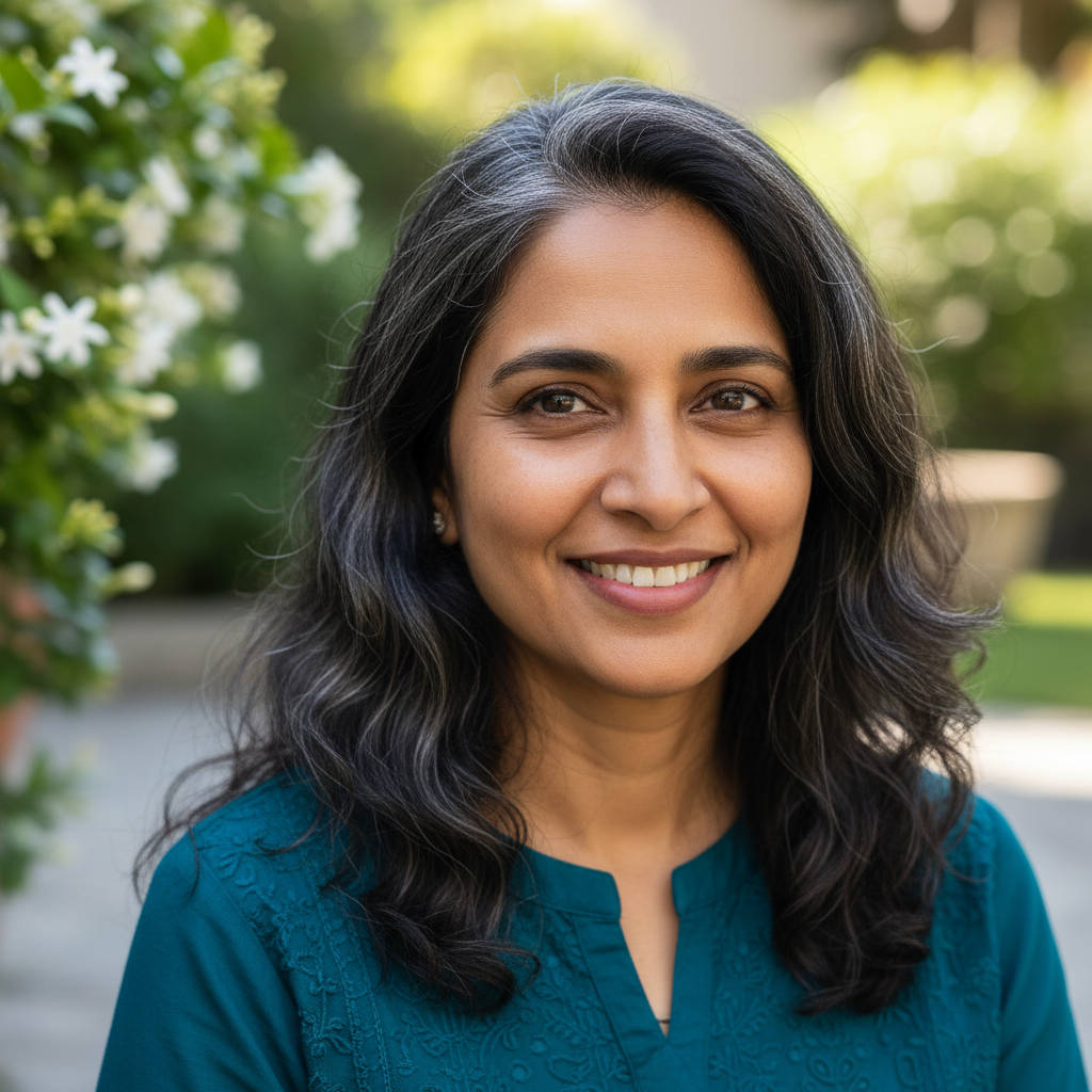 Indian woman in her 40s with short hair, smiling warmly in a bright indoor setting