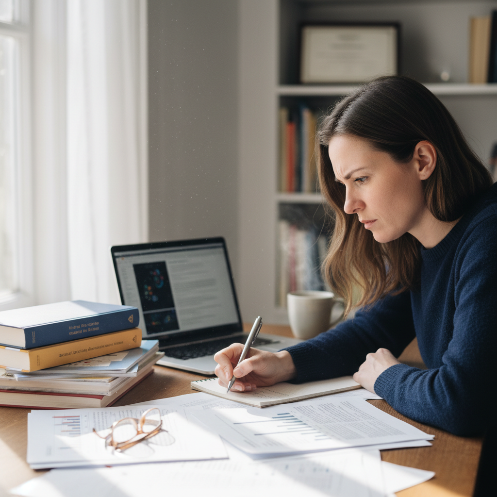 Researcher at a desk reviewing documents and taking notes, focused academic setting