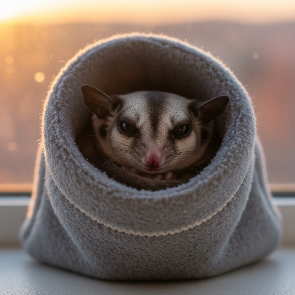 Small exotic animal curled in fleece bonding pouch at dawn window light