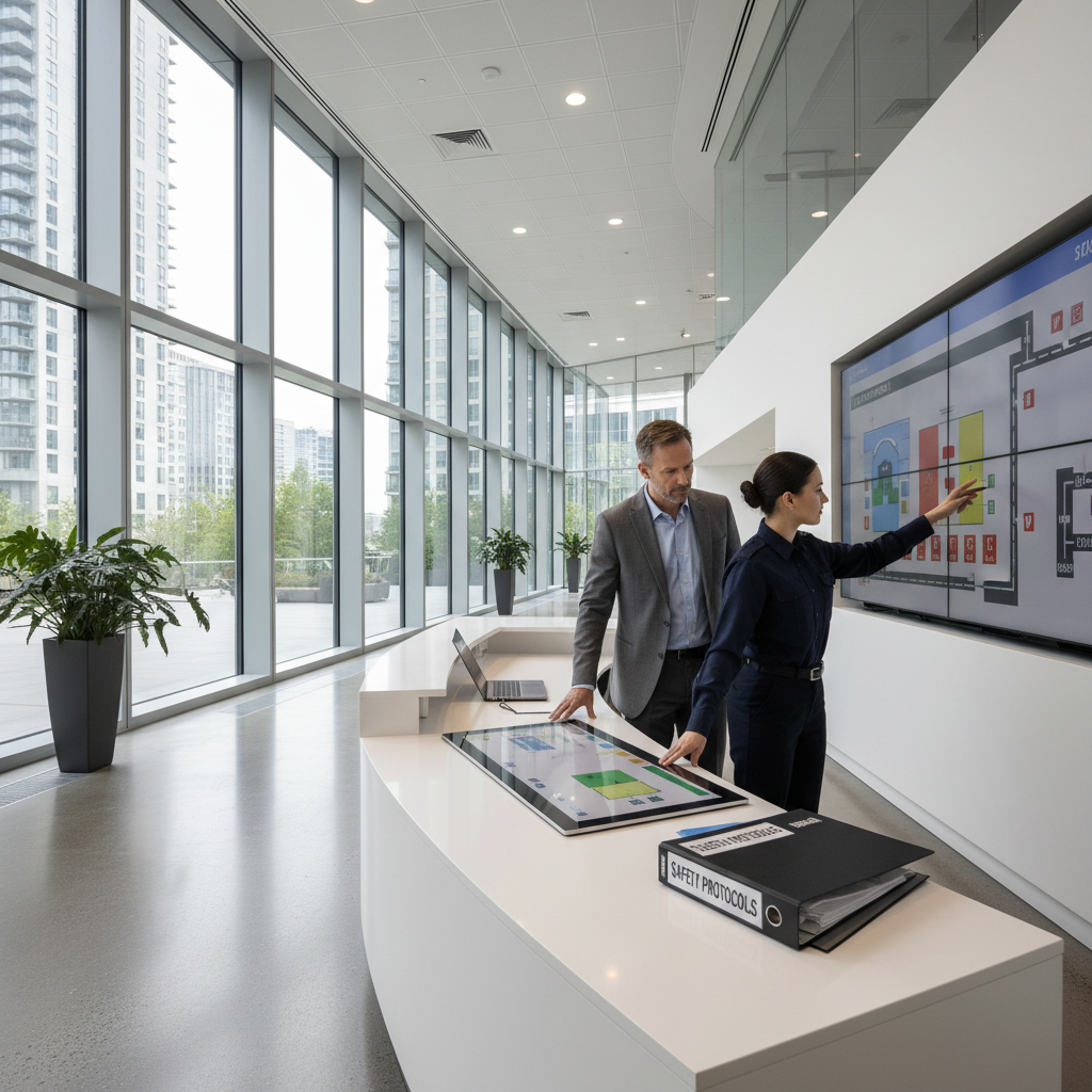 Modern office building interior with facilities manager reviewing safety protocols at security desk