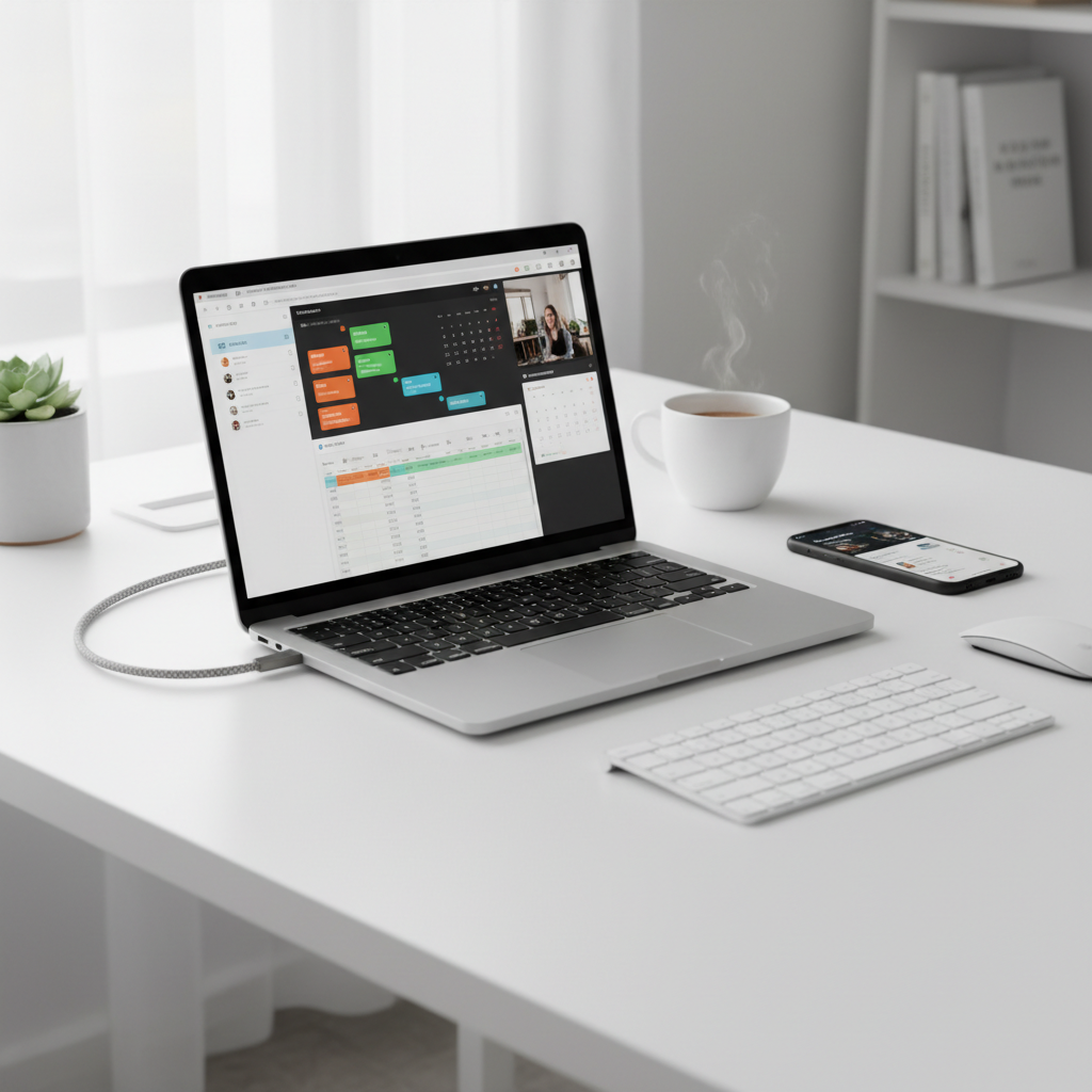 Professional using productivity tools on laptop with organized workspace and digital planner