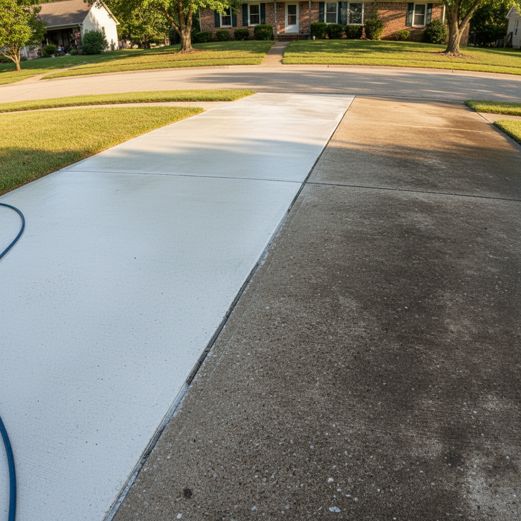 Pressure washing cleaning a dirty concrete driveway showing dramatic before-and-after line, bright sunny day
