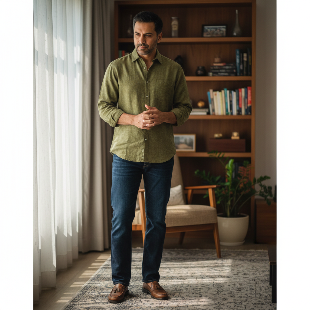Indian man in his 40s with a thoughtful expression, fragrance collector from Mumbai