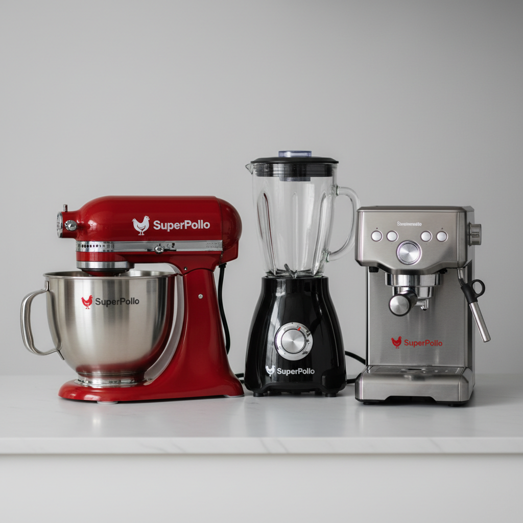 Kitchen mixer grinder in white and red color on a counter top