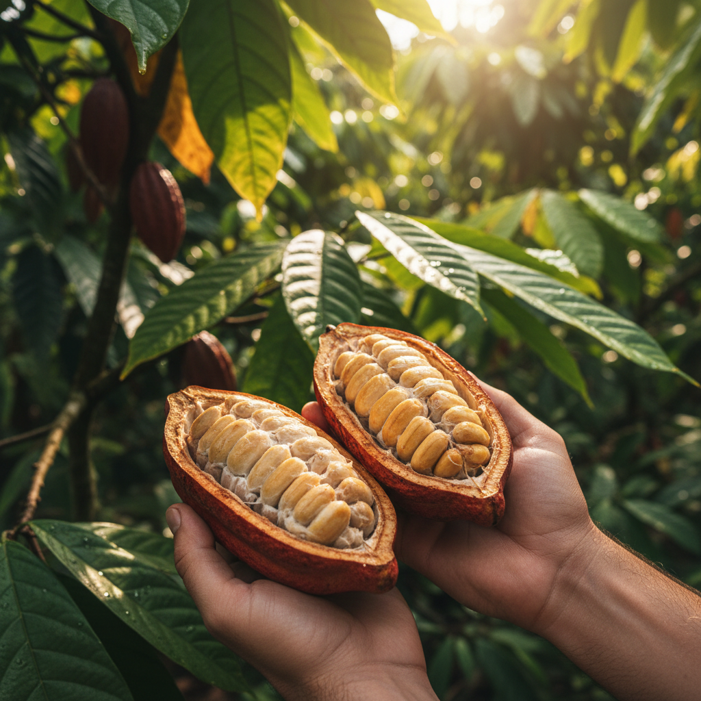 Peruvian cacao farmer holding freshly opened cacao pod in Piura Valley