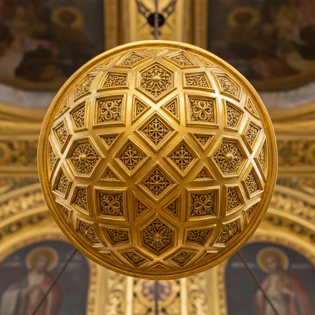 Close-up of gleaming gold leaf gilding on ornate church ceiling boss with intricate geometric pattern