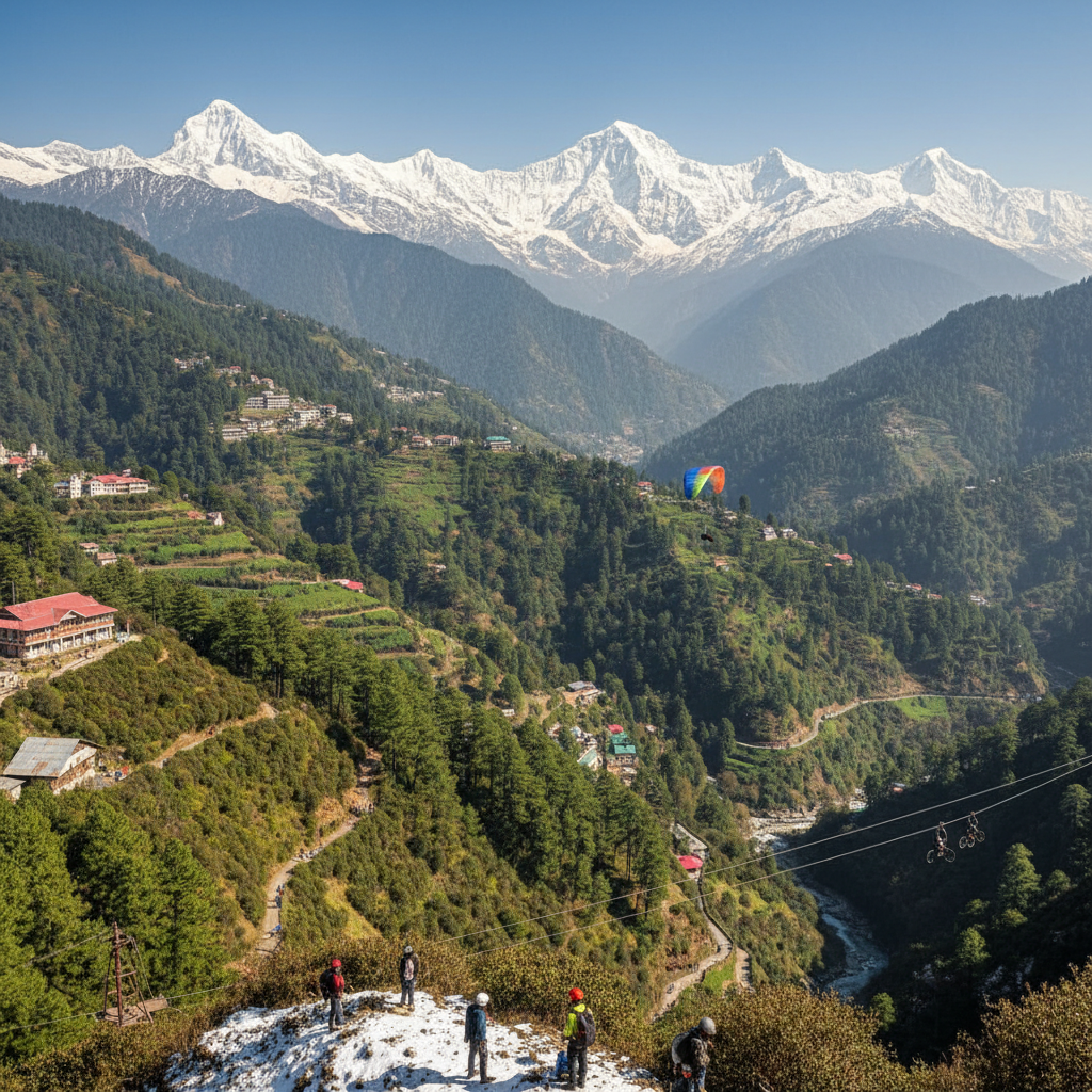 Paraglider soaring high above lush green valley with snow-capped mountains visible below, clear blue sky