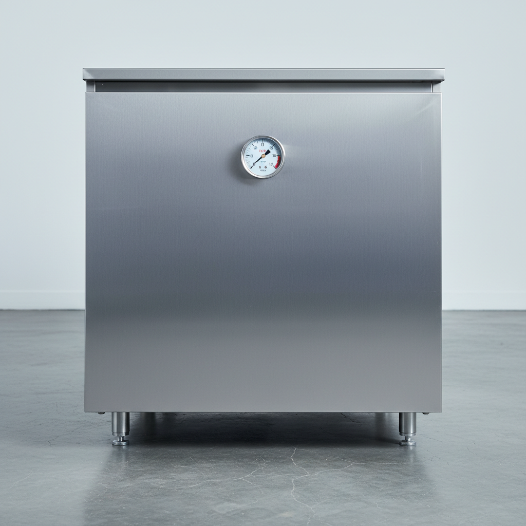 Commercial walk-in chiller with pressure gauge showing low refrigerant reading