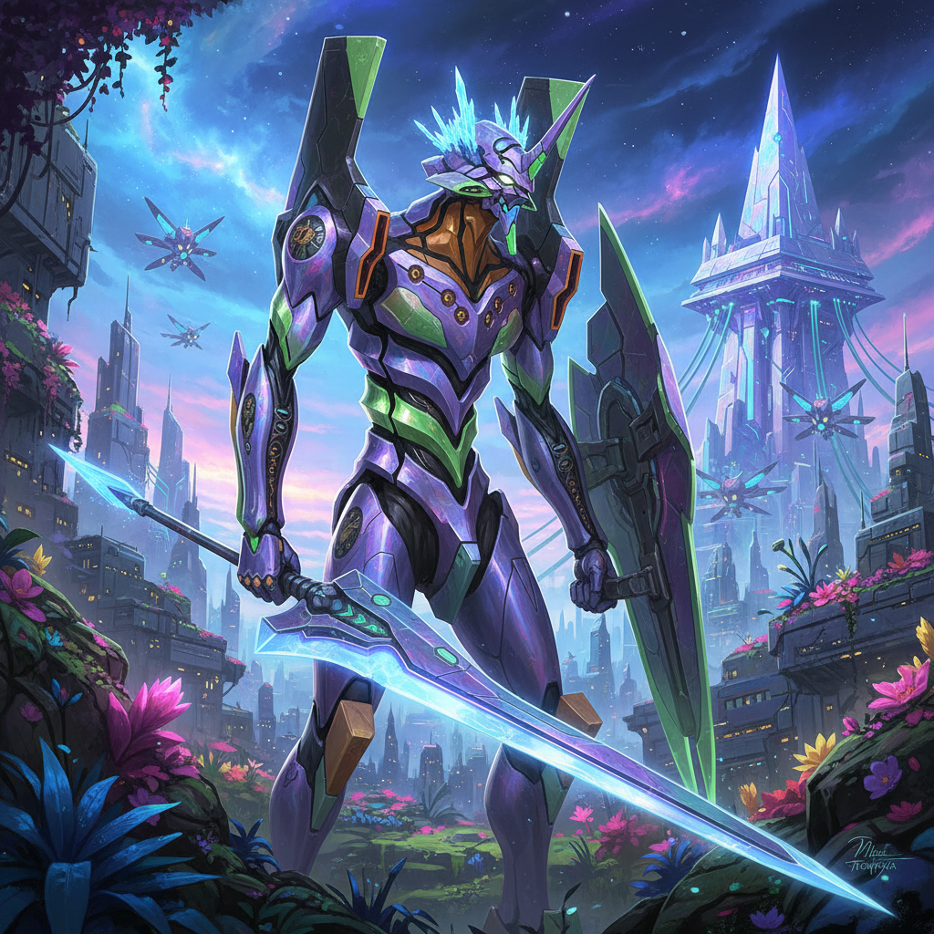 Sci-fi mecha anime robot standing in futuristic city with neon lights