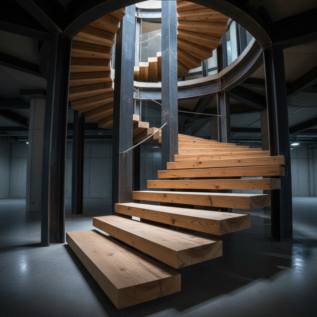 Grand Douglas fir and raw steel staircase in a Hayes Valley boutique hotel lobby, dramatic overhead lighting