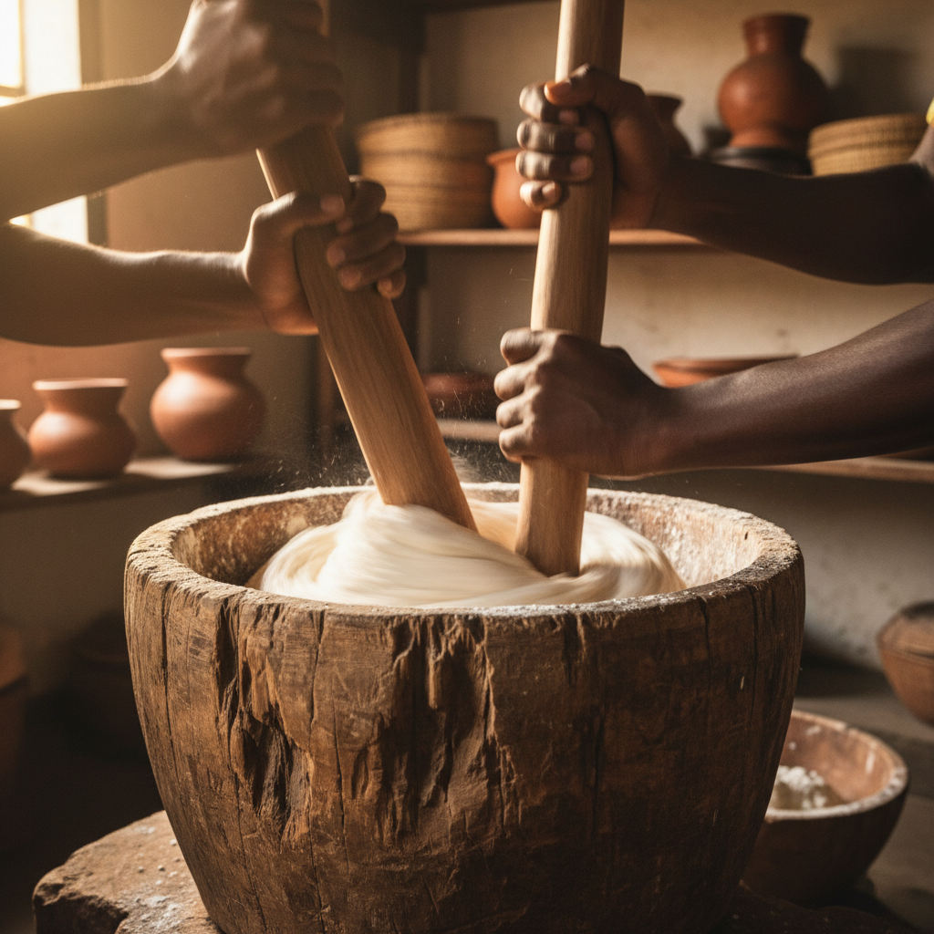 Hands pounding fufu in a large wooden mortar, motion blur capturing the rhythm of the pestle, warm kitchen light from the left