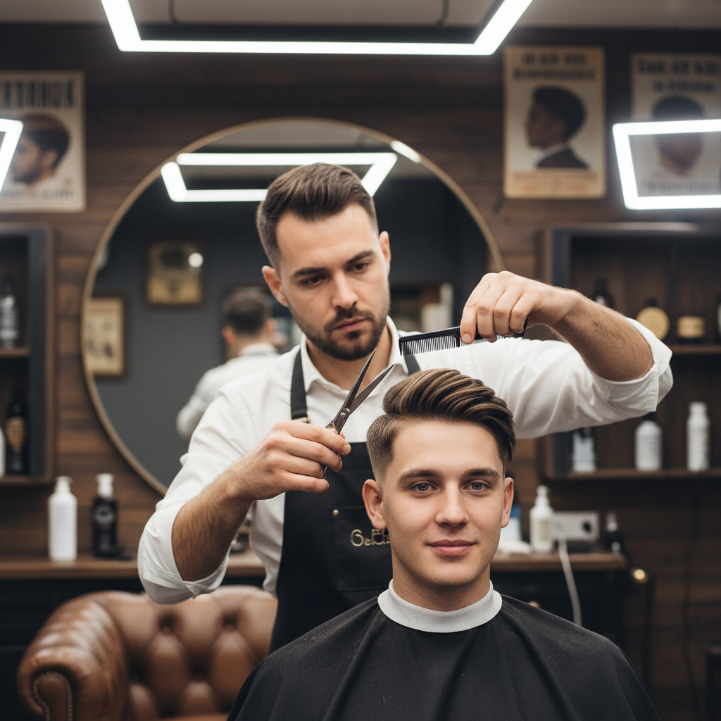 Young boy getting a neat haircut at a barbershop, barber using scissors carefully