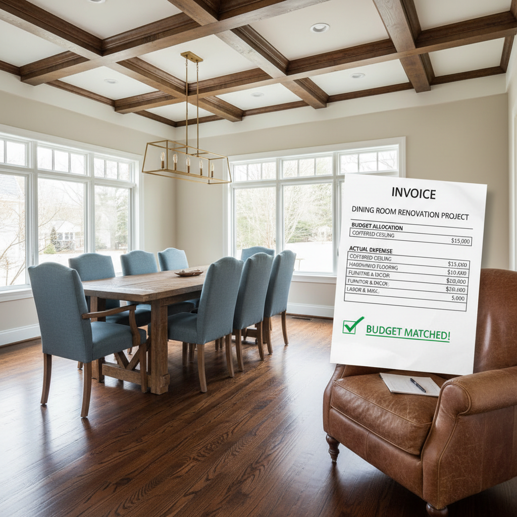Finished dining room with coffered ceiling and hardwood floor beside a printed project invoice showing matched budget