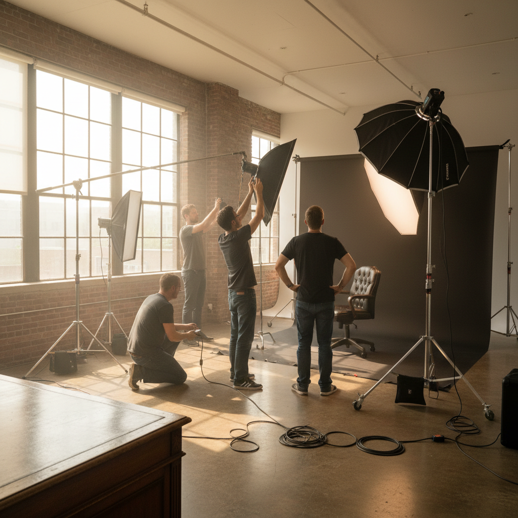 Behind-the-scenes: lighting crew setting up Rembrandt triangle for executive portrait shoot