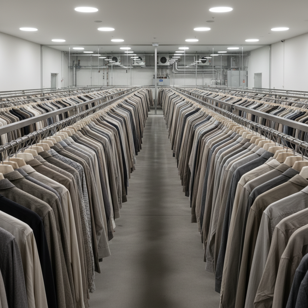 Organized apparel warehouse with clothing on racks and shelves, bulk garment storage, clean warehouse environment