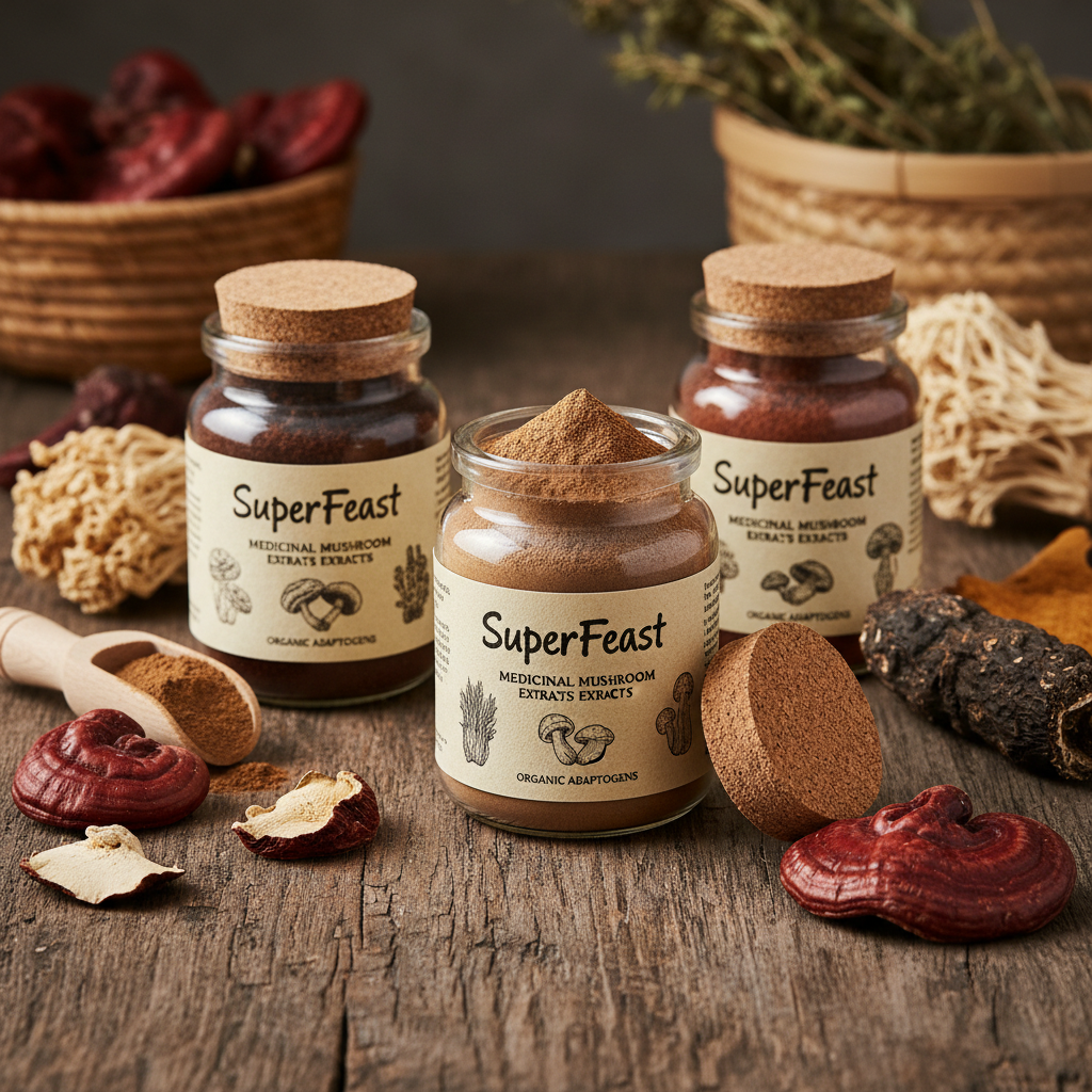 SuperFeast medicinal mushroom wellness brand — natural earthy tones, botanical mushroom powder products, Australian wellness brand