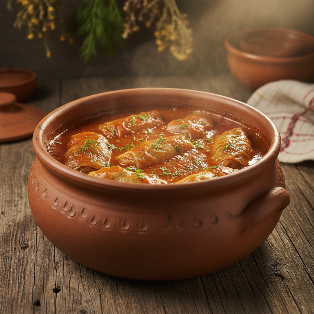 Clay pot with sarmale cabbage rolls simmering in tomato sauce on stove