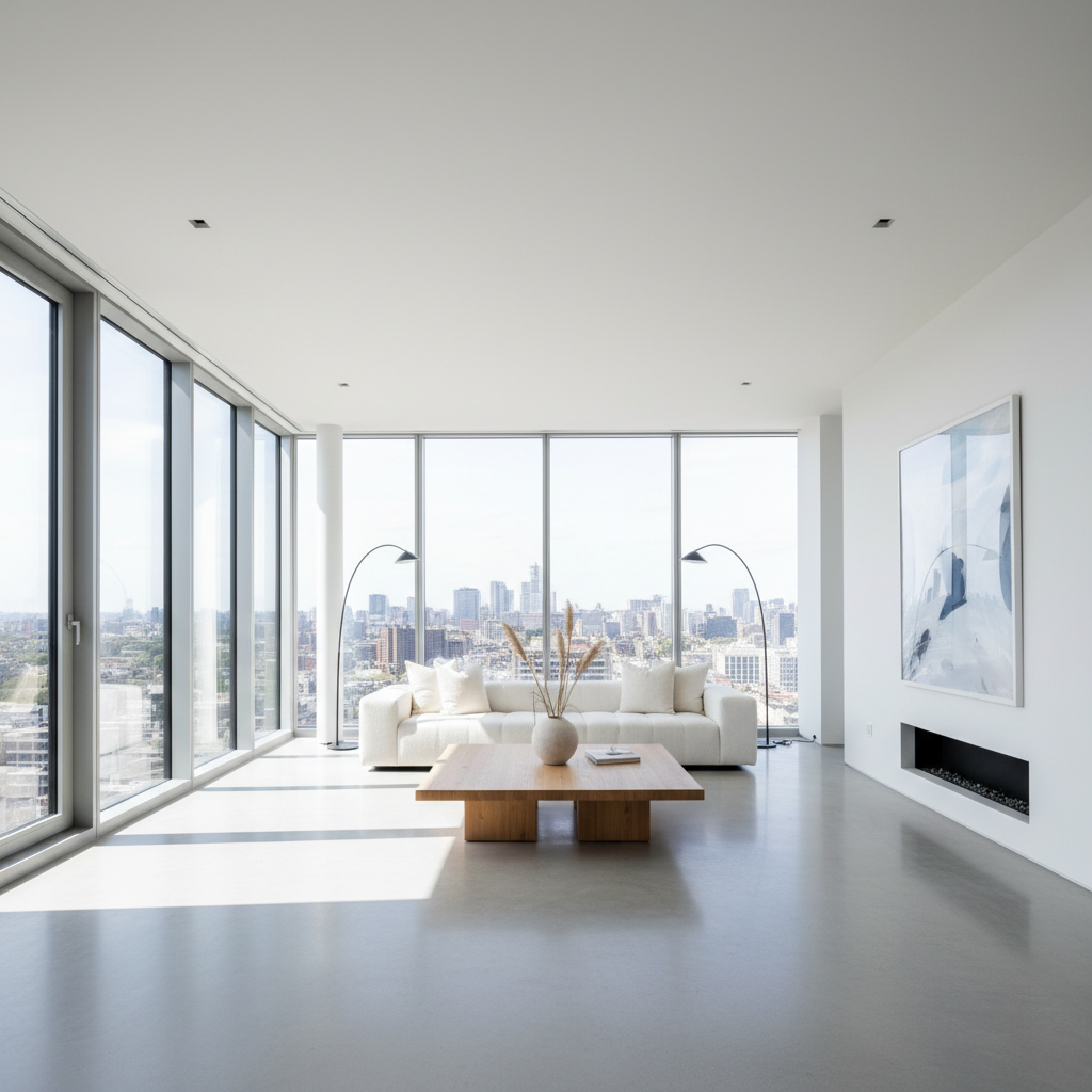 Staged luxury penthouse living room with Italian linen sectional sofa, brass floor lamp, and panoramic city views through floor-to-ceiling windows