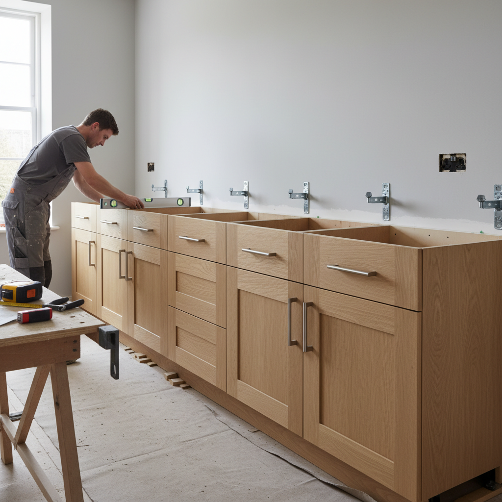 Cabinet installation in progress showing properly leveled and secured kitchen cabinets