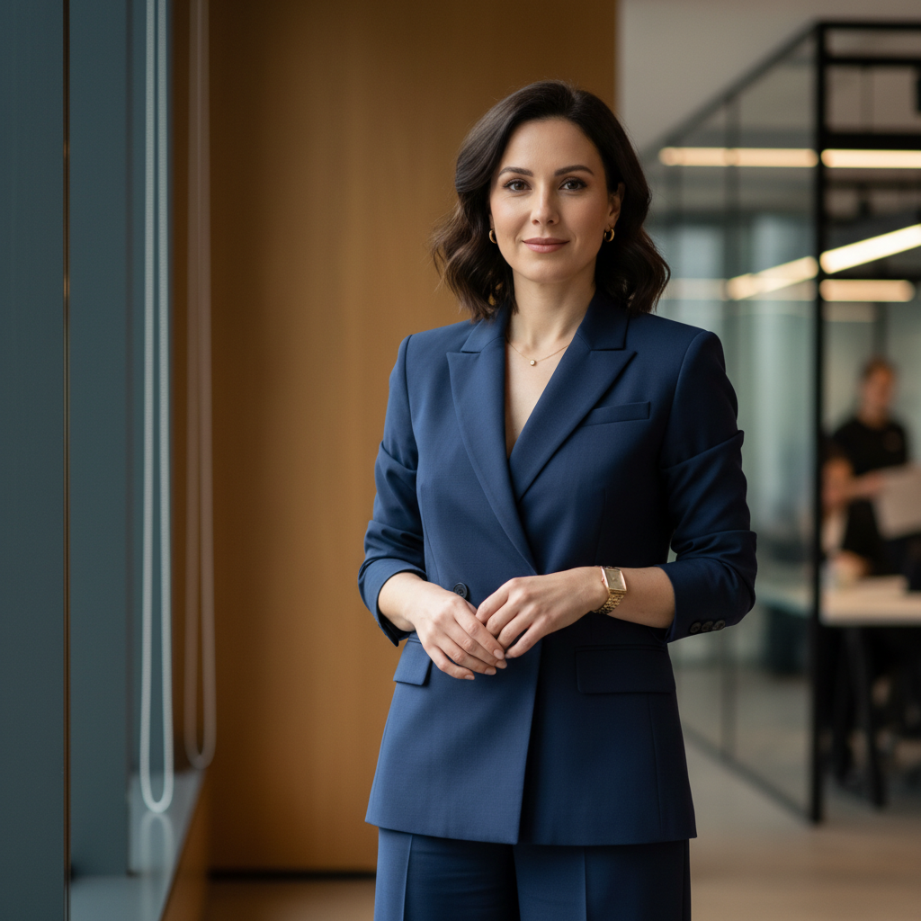 Woman in polished tailored blazer and trousers exuding executive confidence