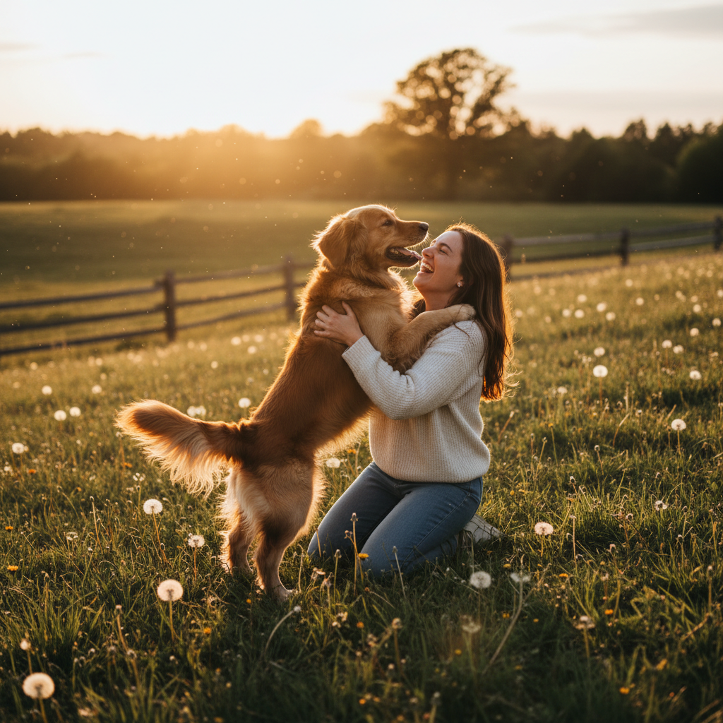 Joyful dog reunion moment with owner returning home, golden light, warm embrace between pet and person