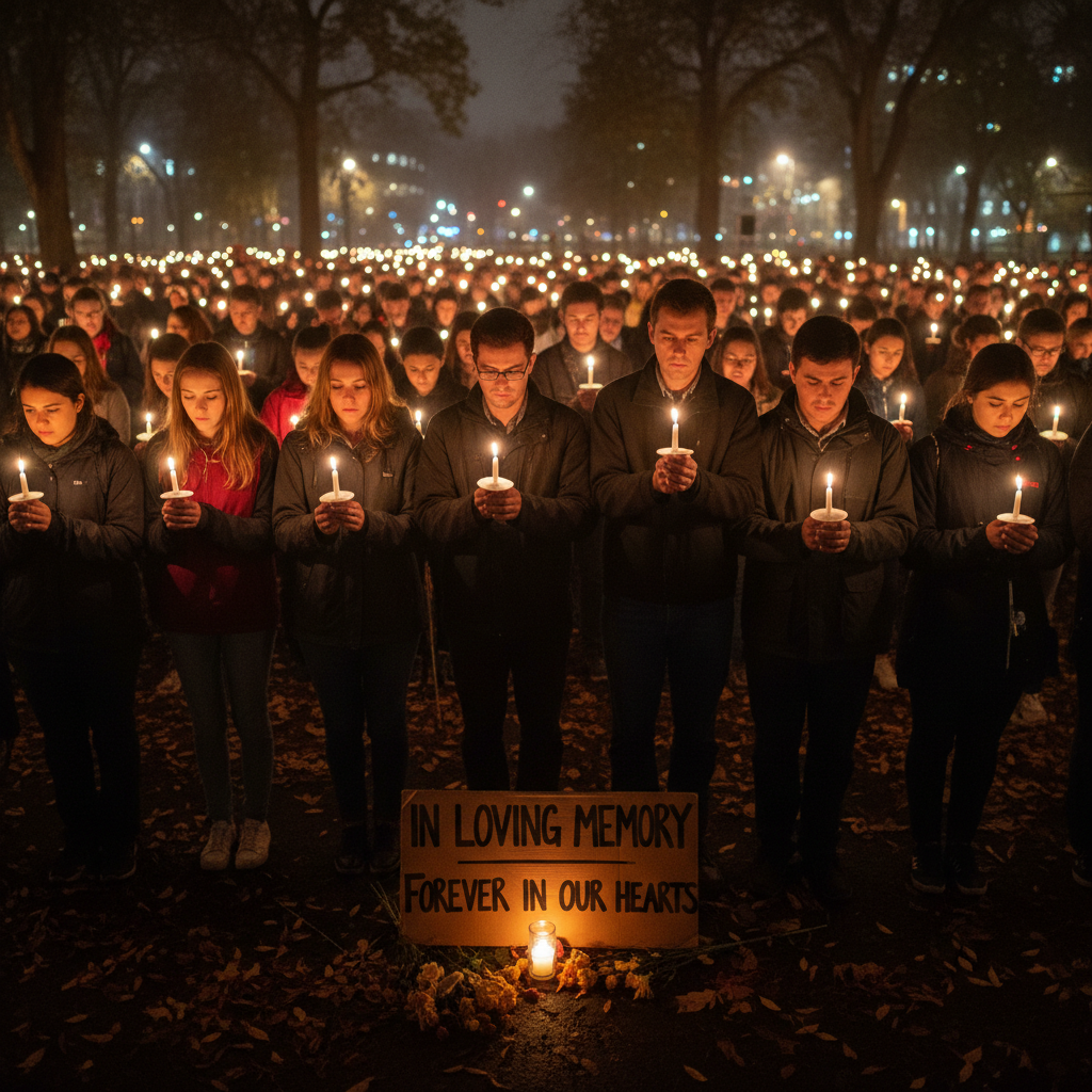 Candlelight vigil crowd, hands cupping flames in warm amber light, faces illuminated by candlelight, handmade memorial sign slightly out of focus in foreground