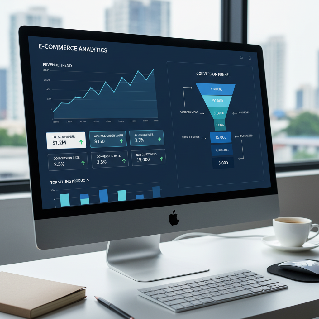 E-commerce analytics dashboard showing conversion rate graphs and revenue metrics on laptop screen