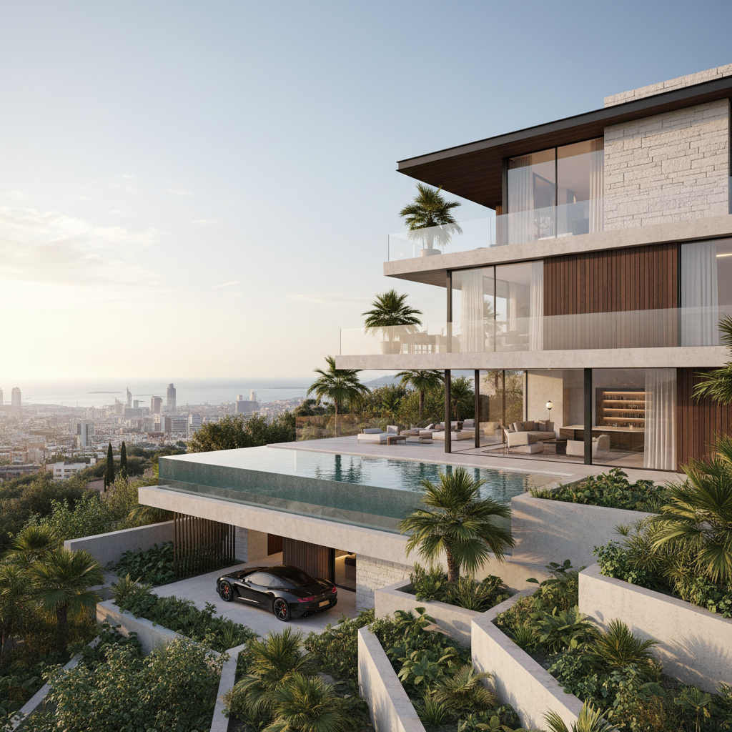 Luxury modern villa with infinity pool and panoramic city views at sunset, warm golden light illuminating glass facade