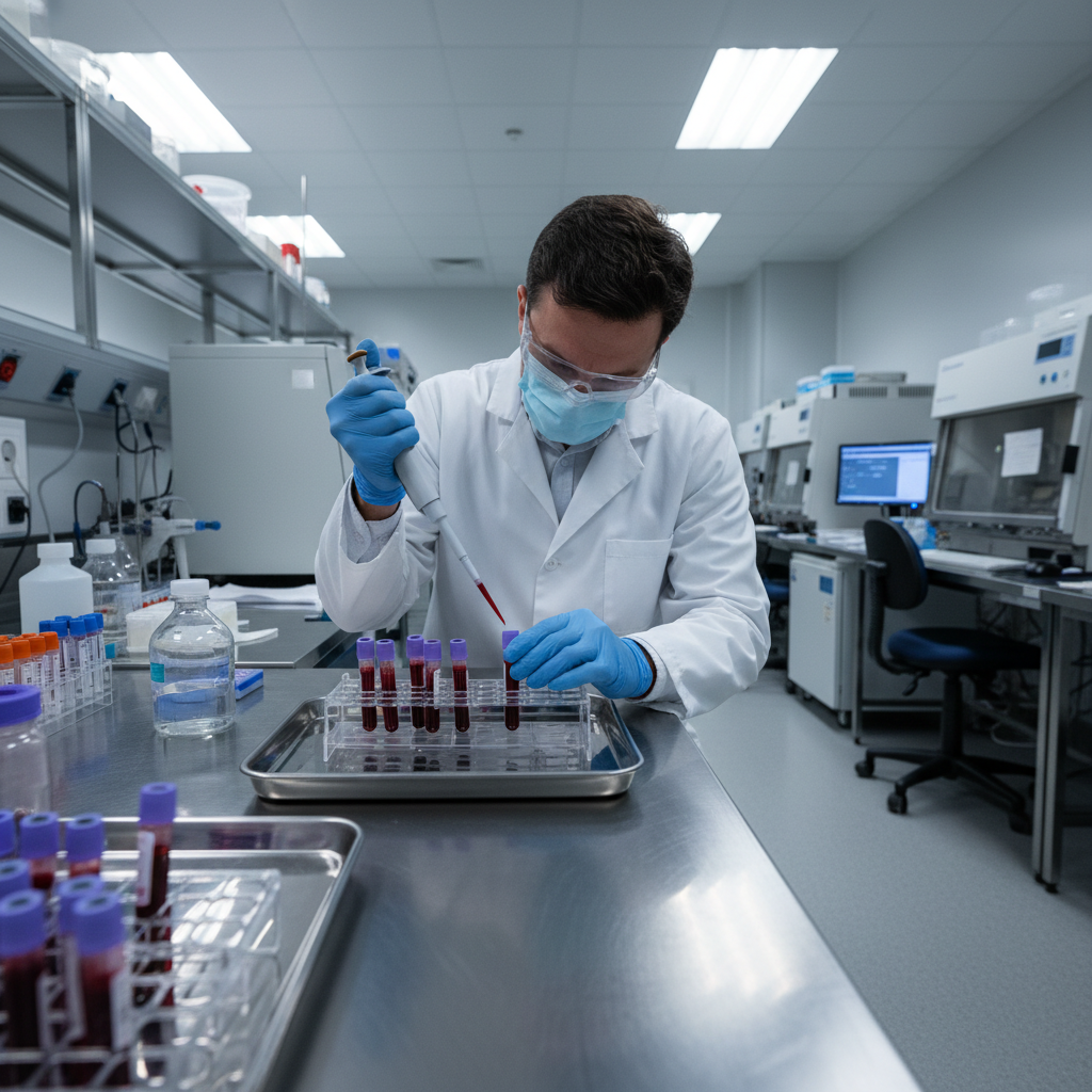 Lab technician in clean laboratory analyzing blood sample