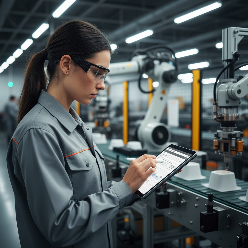 Female quality inspector filing inspection report on tablet on factory floor with production line in background