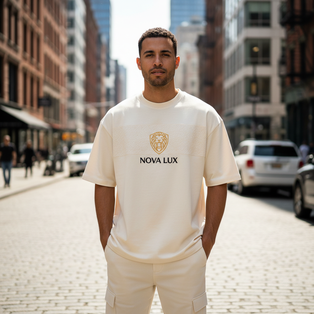 Urban streetwear T-shirt on model in outdoor urban environment, bright natural daylight