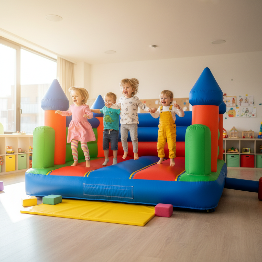 Toddlers playing safely inside a small colorful inflatable bounce area at a birthday party