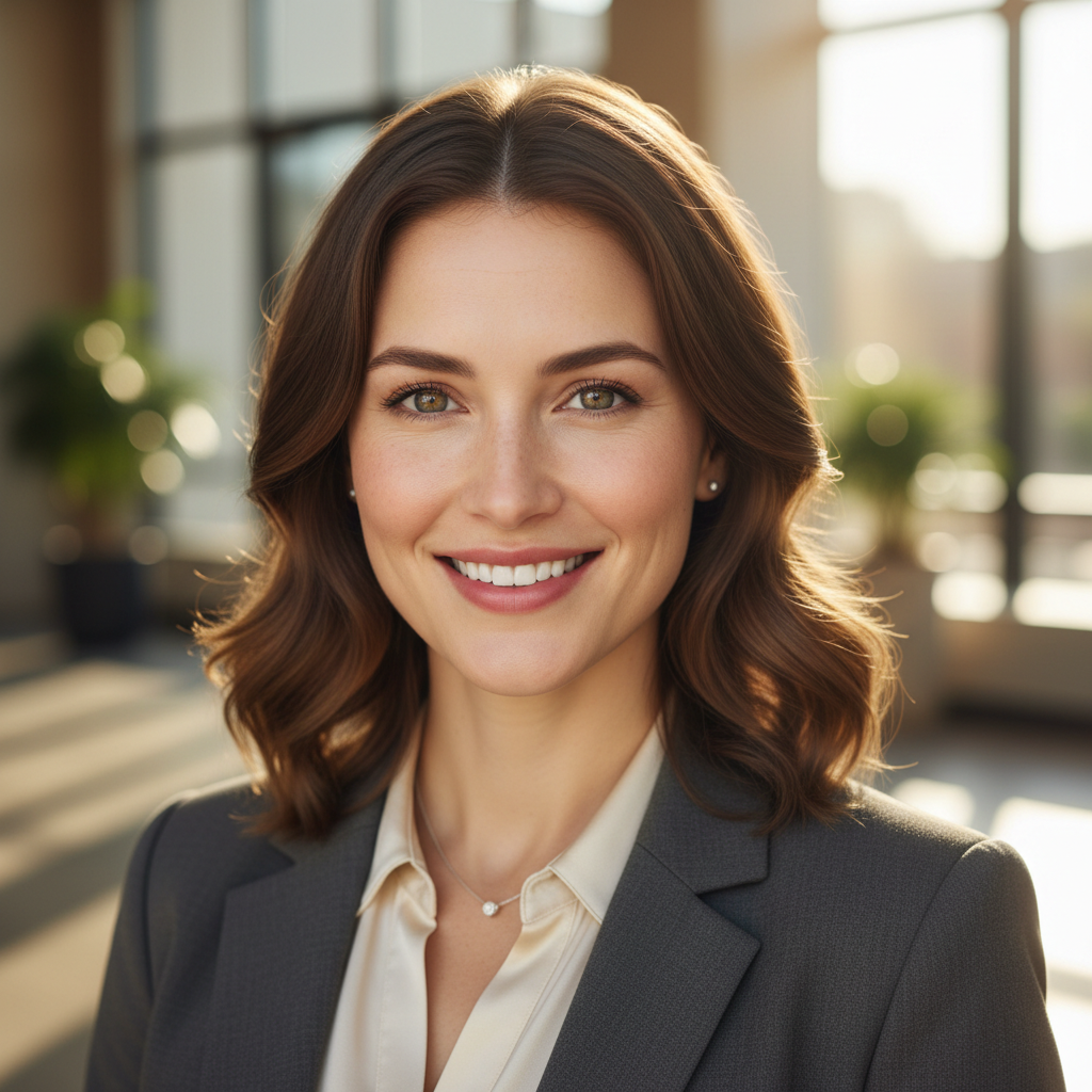 Portrait of Sofia Reinholt, fintech product director, soft editorial lighting against neutral background