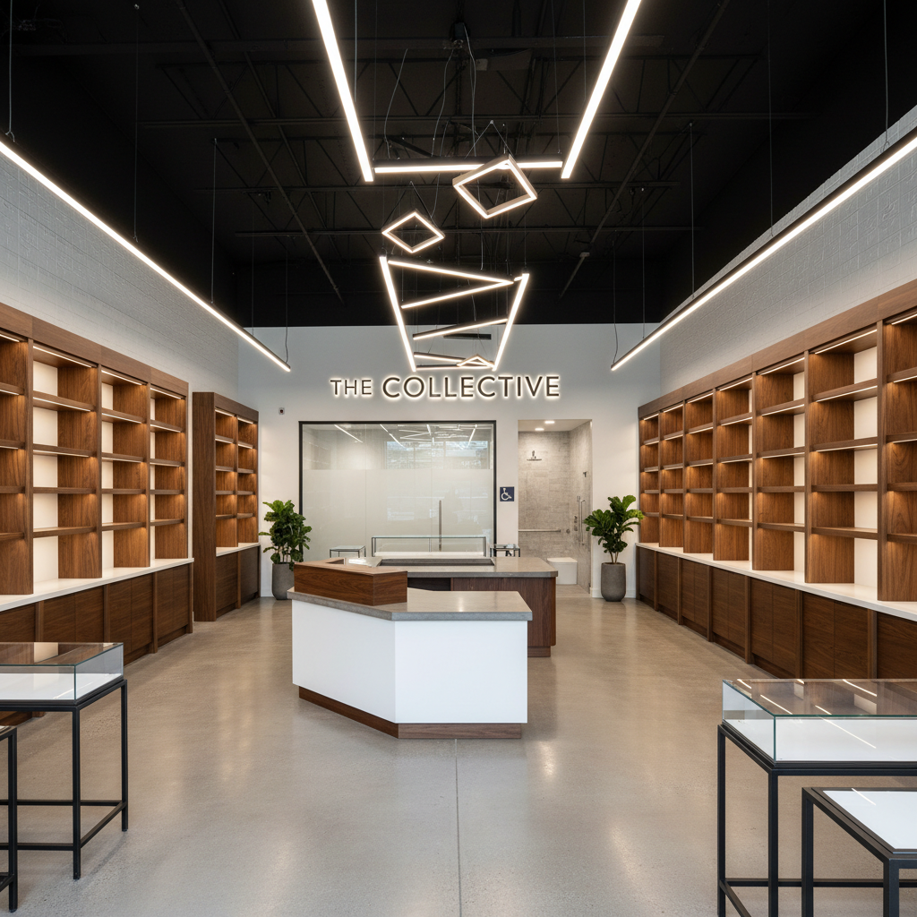 Modern boutique retail space with custom wood displays and warm lighting