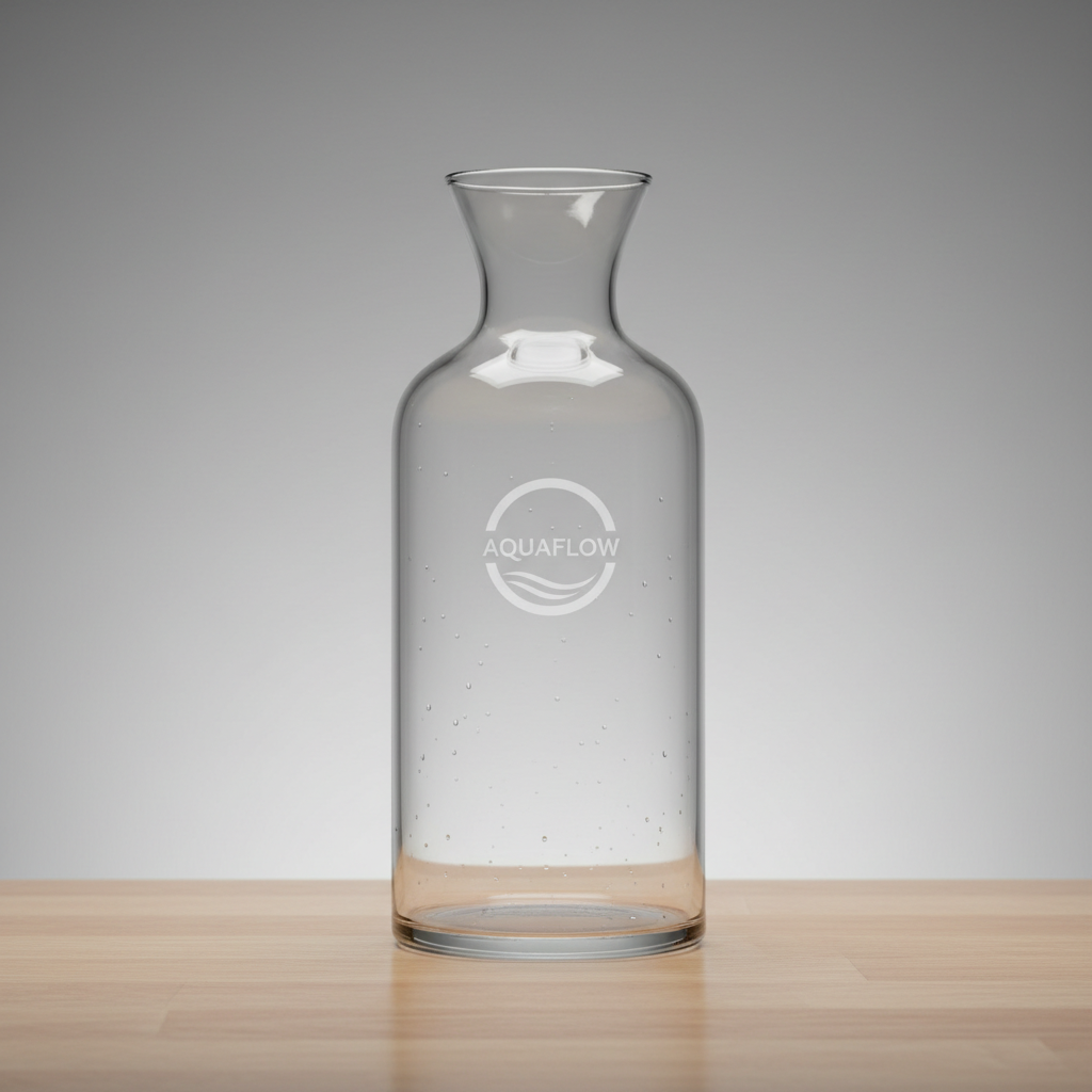 Mass-produced clear glass carafe with printed logo on a table