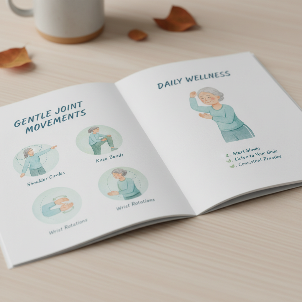 Open guide booklet showing illustrated gentle joint movement exercises
