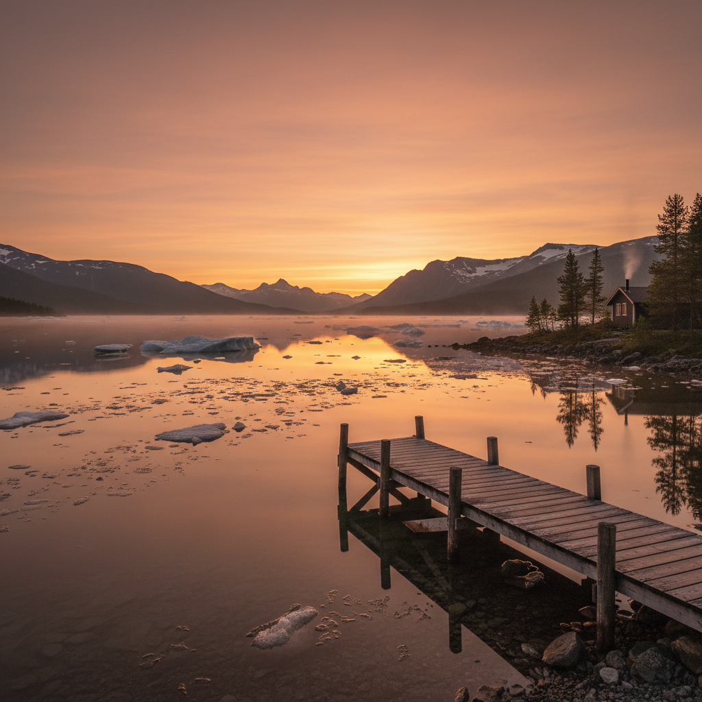 Copper summer midnight light reflecting on a glacial lake with a tiny cabin dock in the foreground