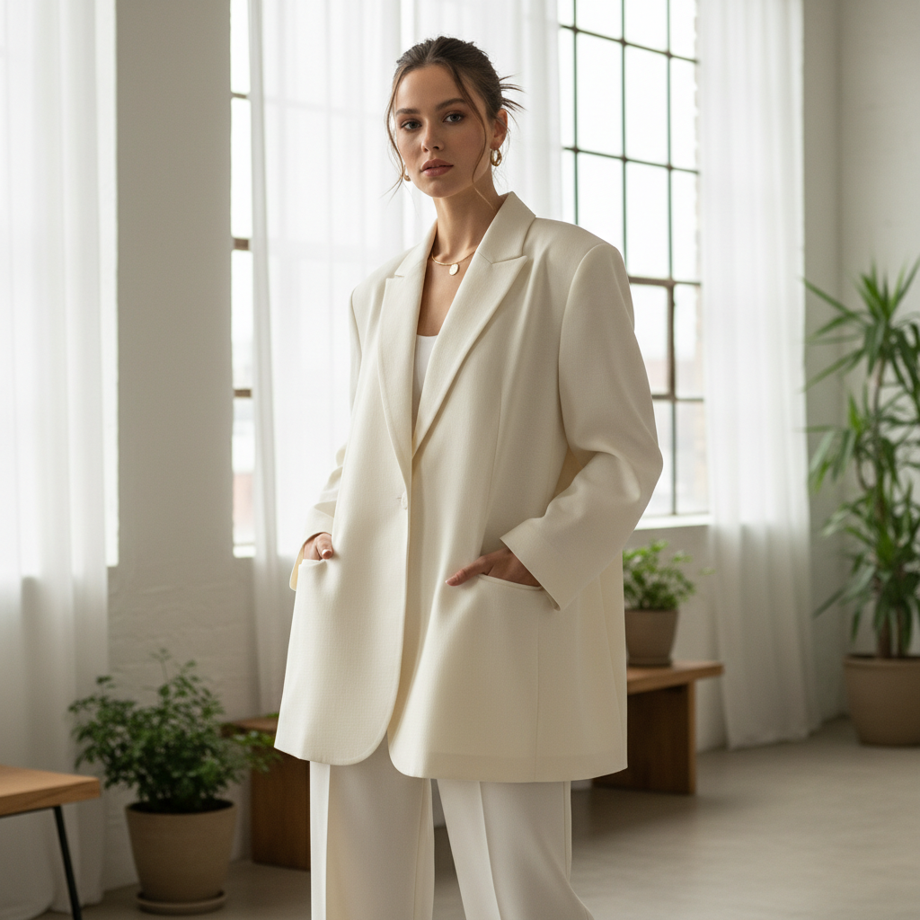 Woman in white puff sleeve blouse against warm studio background