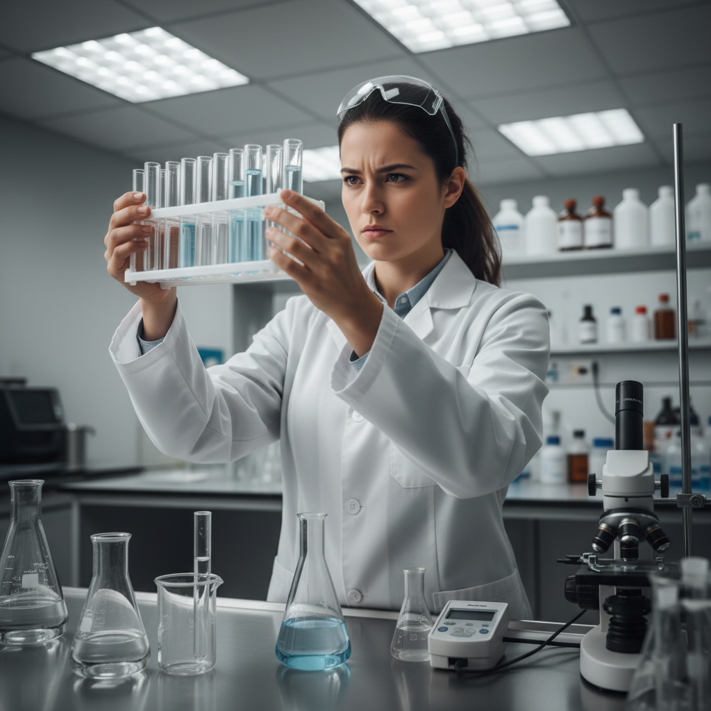 Dr. Priya Menon, lead water chemist, in her laboratory reviewing test samples