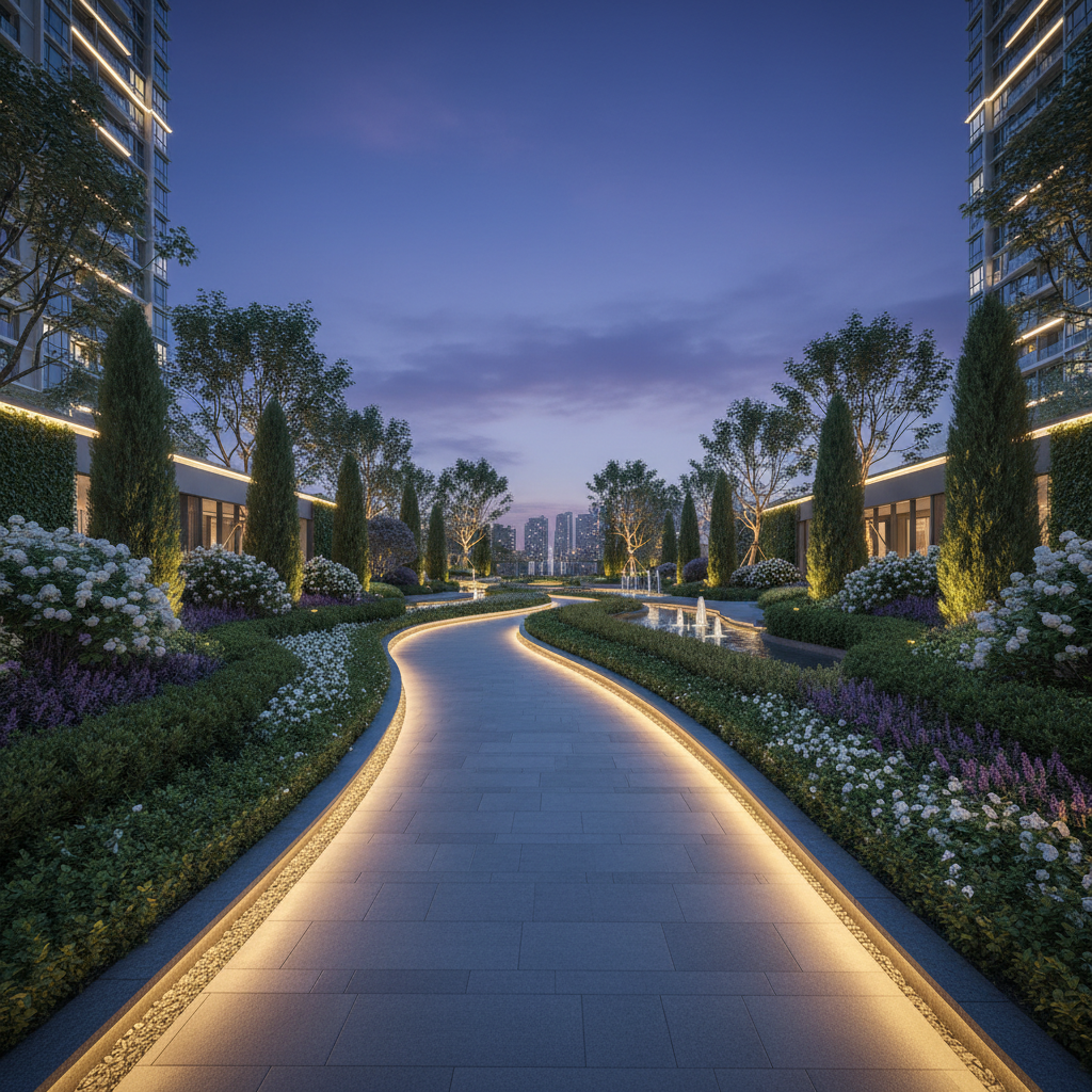 Luxury residential towers at dusk with dramatic sky, deep shadows, cinematic atmosphere