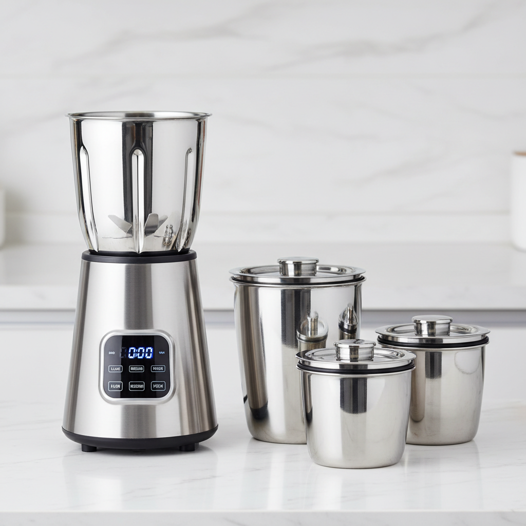 White mixer grinder with three jars on kitchen counter, bright product shot