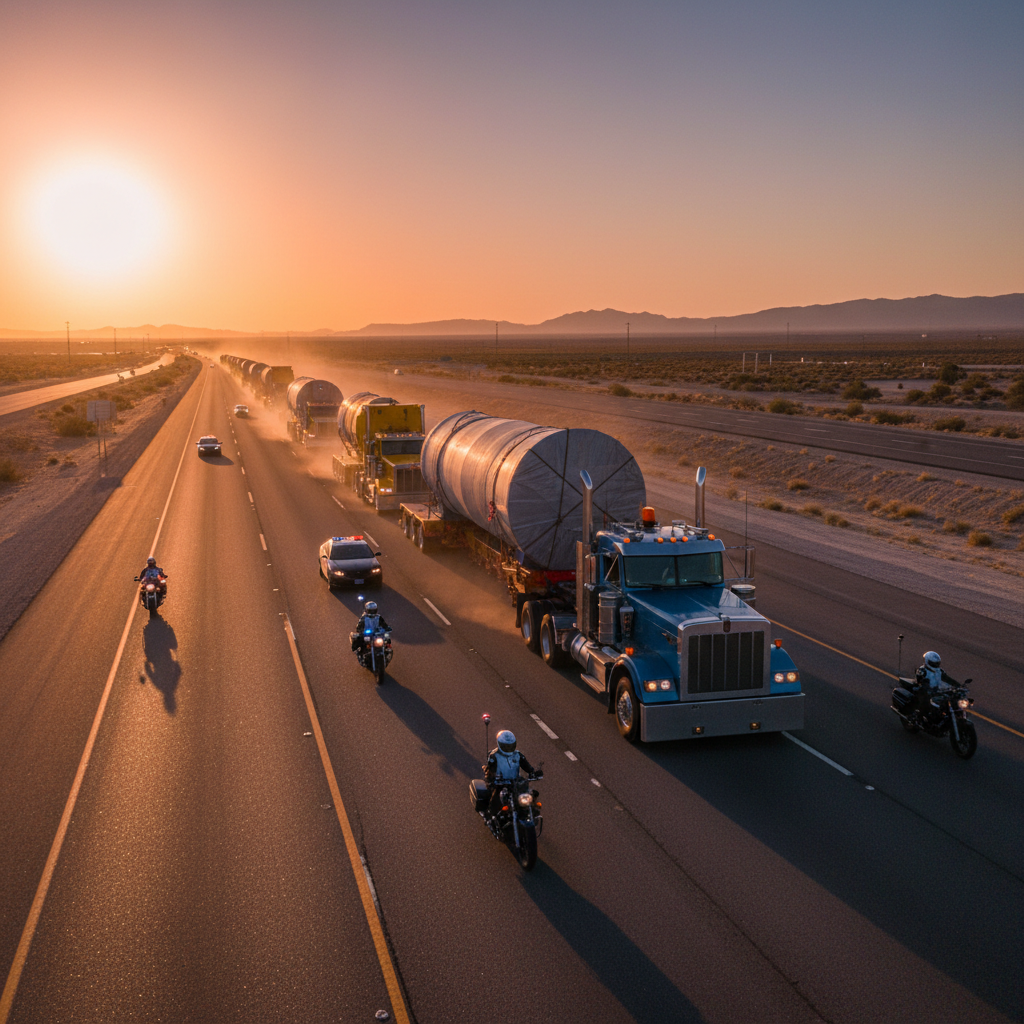 Heavy articulated freight truck on long straight African highway at golden hour, warm orange sky, long shadows, open landscape stretching ahead