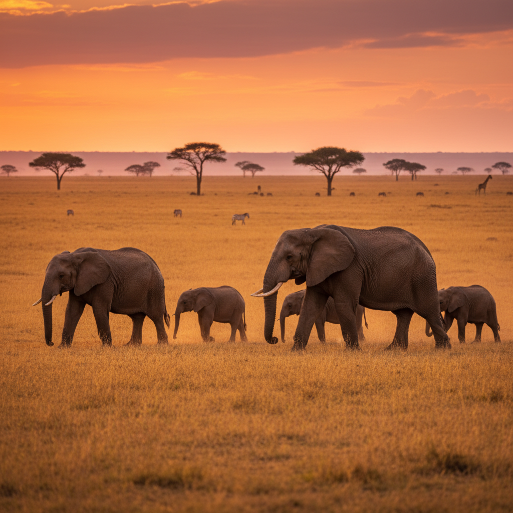 Maasai Mara savanna at sunset with elephant silhouettes, deep amber sky, dramatic dark shadows