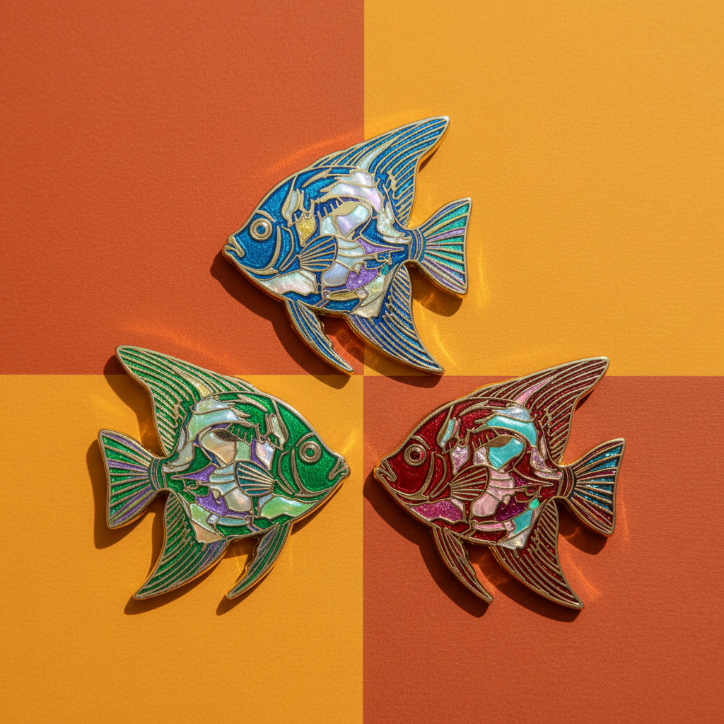 Flat-lay of three angelfish fracture enamel pins on orange geometric background