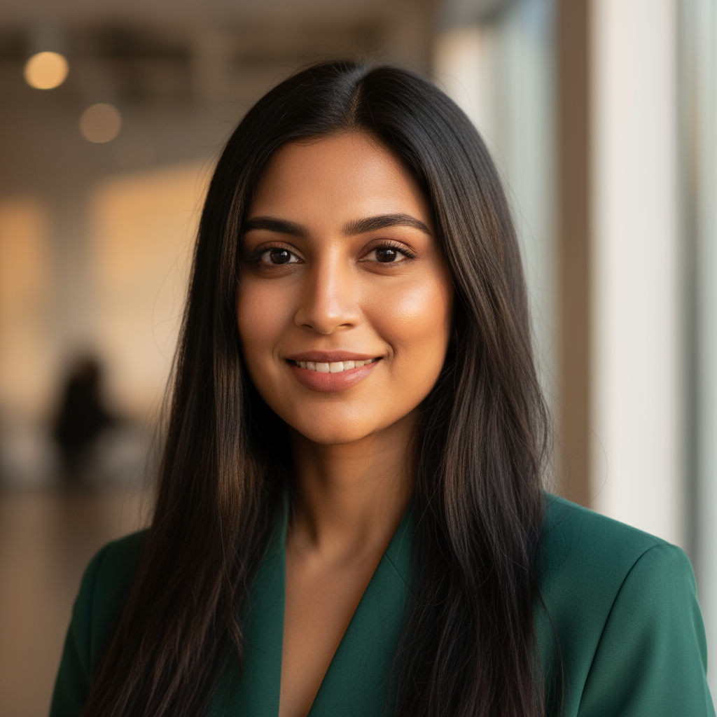 Professional headshot of Indian woman with long black hair wearing blue blazer smiling at camera